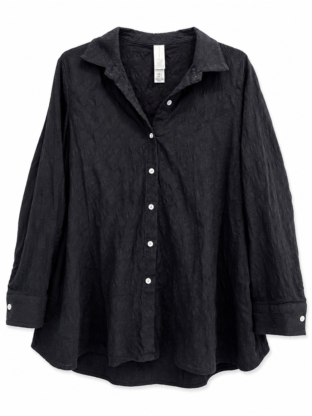 Marla Wynne Black Textured Button Front Blouse Shirt Top L Relaxed Chic